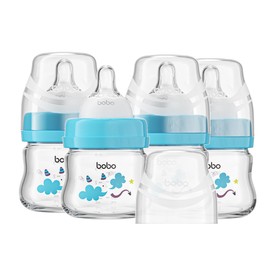 YOHKOH Glass Baby Bottles with Slow Flow Nipple, Newborn Anti-Colic Baby Bottles for 0+ Months, Wide Neck Feeding Bottle, Clear (Blue, 2.7oz (Pack of 4))