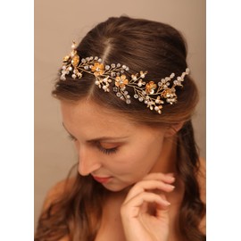 Chargances Bridal Flower Pearl Hair Vine Wedding Gold Crystal Beaded Headband Boho Leaf Handmade Hair Accessories for Women and Girls Brides