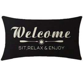 Nice Gift with Funny Words Letters Welcome Sit Relax and Enjoy Lumbar Black Cotton Linen Throw Pillow Case Cushion Cover Sofa Decorative Oblong 12x20 Inches