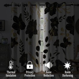 Renaiss Black Floral Blackout Curtains for Bedroom Watercolor Flowers Leaves Plants Window Curtain Boho Botanical Window Drapes for Living Room Decor Darkening Curtains 2 Panels Set, 42x63 Inch