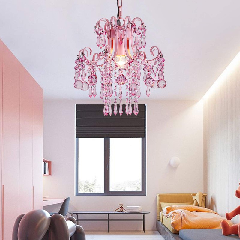 Q&S Mini Crystal Chandelier, Modern Pink Chandelier,Small Hanging Light Fixture