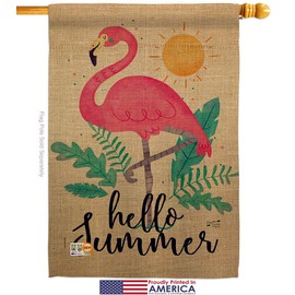 Summer Flamingo House Flag Dowel Set Summertime Tropical Ocean Beach Seashells Pineapple Outdoor Aloha Small Decorative Gift Yard Banner Made In USA 28 X 40