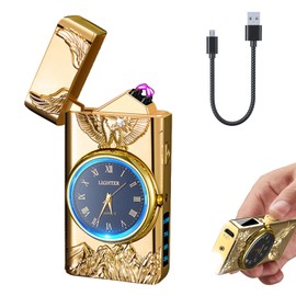 Electric Lighter with Clock YOZWOO USB Rechargeable Lighter with LED Light, Plasma Dual Arc Lighters with LED Power Display for Candle, Cool Lighters Gifts for Men and Women (Gold-Eagle)
