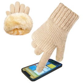 lifwimner Women's Winter Gloves with Fleece Lining, Touchscreen Warm Knitted Gloves, Thermal Winter Gloves for Outdoor Sports, Running, Cycling (Beige)