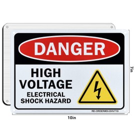 Danger High Voltage Sign, 2 Pack Electrical Shock Hazard Sign- 10x7 Inches Aluminum Warning Sign for Indoor or Outdoor Use- Reflective UV Protected and Weatherproof