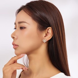 Xeyai Pearl Flower Earrings for Women Trendy,Dainty Pearl Earrings Gold Plated Cute Flower Earrings Hypoallergenic Pearl Stud Earrings for Women Gold Wedding Jewelry Gifts, Brass, No Gemstone