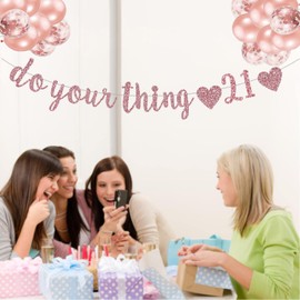 QFiesy Do Your Thing 21 Banner, Rose Gold Glitter Happy 21st Birthday Decorations, Finally 21, Cheers to 21 years Birthday Anniversary Party Supplies (Pre-Strung)