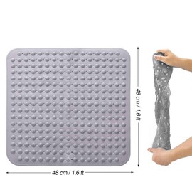 Shower Mat, Non Slip Square Bath Mat, 48 x 48 cm Shower Mat Non-Slip, Non-Slip mat With Suction Cups, Suction Cups Machine Washable Square, for Sauna, Shower Room, Drain Holes（Grey）