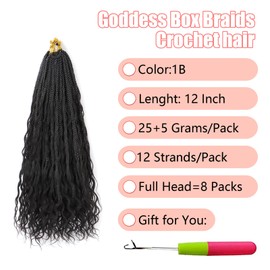 IXIMII 12inch Crochet Boho Box Braids with Human Hair Curls 8packs 96strands 1B# Deep Wave Pre Looped Goddess Bohemian Braids Crochet Hair Handmade Curly Ends Hair Extensions For Women