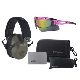 TITUS Slim-line Earmuffs and Safety Glasses Combo Pack (Olive, Pink Frame w/Mirrored Lens)