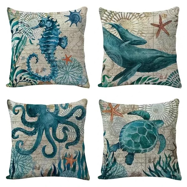 sea Set of 4 Sea Creature Throw Pillowcases Seahorse Whale