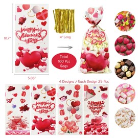 allydrew Valentines Cellophane Treat Bags With Twist Ties for Candy, Cookies, Treats, Gifts and Party Favors (100pcs), Happy Valentines