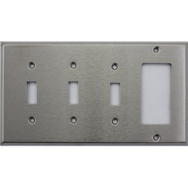 Brushed Satin Stainless Steel 4 Gang Wall Plate 3 Toggle Switches 1 GFI/Rocker Opening
