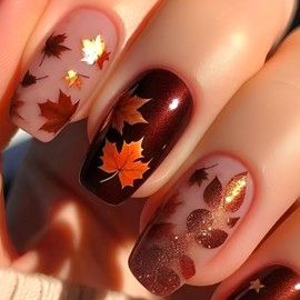 LOPMNGHT Autumn Nails Medium Square Shaped Artificial Acrylic Nails Gold Red Maple Leaf with Glitter False Nail Full Cover Press on Fingernails Thanksgiving Day for Women Festival Manicure 24Pcs