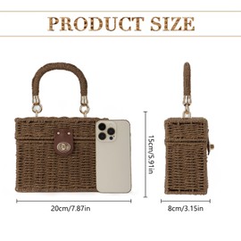 Fecialy Women Handwoven Rattan Handbag Beach Straw Tote Bag Square Boho Crossbody Bag, Dark Brown, One Size