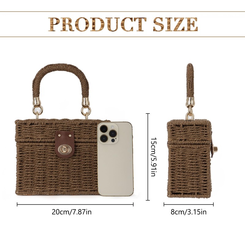 Fecialy Women Handwoven Rattan Handbag Beach Straw Tote Bag Square