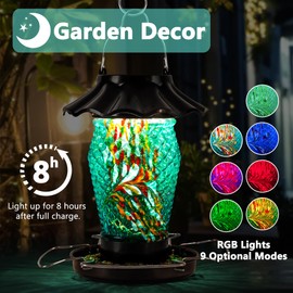LUJII Solar Powered Bird Feeder for Outside Hanging, Diamond Shaped Hand Blown Glass, Weatherproof, Lighted Lantern for Garden Decor, Fits Large Birds Like Cardinal or Blue Jay & Songbird (Teal)