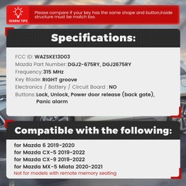 Beefunny Replacement Remote Key Case Shell 4 Buttons for Mazda CX-5 CX-9 2019 2020 2021 2022 Mazda 6 2019 2020 MX-5 Miata 2020 2021, FCC ID: WAZSKE13D03 (4 Button)