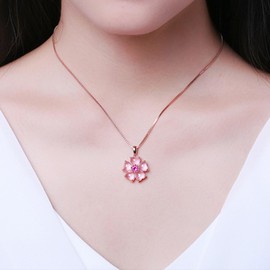 POYAMUSE Cherry Blossom Necklace for Women, Rose Gold Pendant Necklace with Pink Crystal for Women - RoseGold