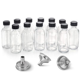 Botellas pequeñas de vidrio transparente de 2 oz (2.0 fl oz) con tapas y embudos de acero inoxidable – Botellas redondas de muestra de Boston para poc