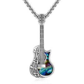 HBLICY Guitar Necklace 925 Sterling Silver Music Note Abalone Shell Guitar Pendant Necklace Punk Music Jewelry Gifts for Men Women