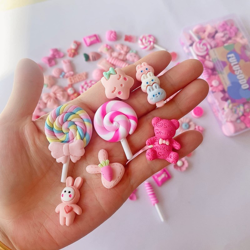 FULUSODO 60pcs Slime Charms Cute Set,Pink Bulk Mixed Resin Charms