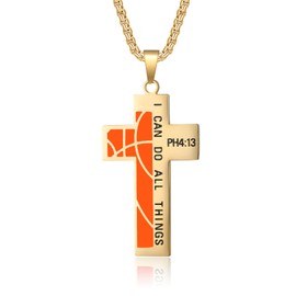 Susook Basketball Cross Necklace for Men Bible Verse I CAN DO All Things Stainless Steel Sport Pendant for Men(Gold)