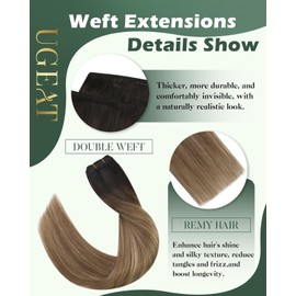 Ugeat Balayage Weft Hair Extensions Human Hair Natural Darkest Brown Human Hair Weft Extensions Medium Brown with Blonde Straight Medium Length Daily Styling 18inch 100G