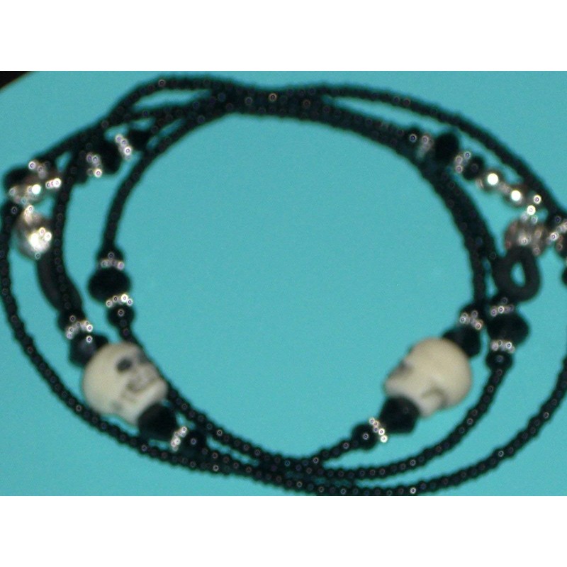 Beaded Eyeglass Chain Skulls Black Glass Seed Beads 28 inches