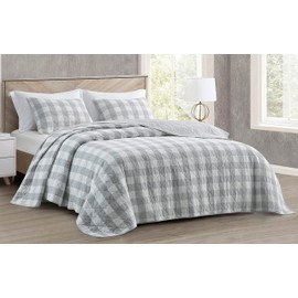 Chezmoi Collection 3-Piece Gray White Plaid Cotton Quilt Set - Buffalo Check Solid Reversible Bedspread - Pre-Washed Cotton Lightweight Coverlet, Queen Size