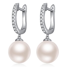 Sterling Silver Pearl Dangle Drop Earrings With Diamonds - Wedding & Hoop Styles, 8MM