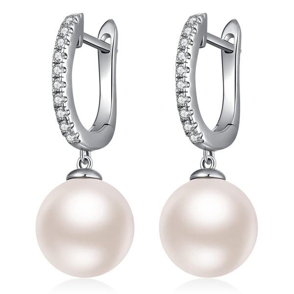 Sterling Silver Pearl Dangle Drop Earrings With Diamonds - Wedding