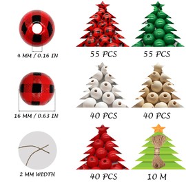 230 Pieces Checker Wood Round Beads Buffalo Plaid Loose Wooden Bead 16 mm Farmhouse Beads Painted Spacer Beads with Hemp Rope for Christmas Holiday Party Decoration Garland Bracelets DIY Crafts Making