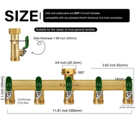 Garden Hose Splitter, 3/4” Rust and Freeze Resistant Outdoor Hose Manifold with 5 green Extra Long Handles Faucet Adapter-Heavy Duty Brass 5-Way Valve