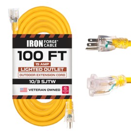 Iron Forge Cable 100 Foot Lighted Outdoor Extension Cord - 10/3 SJTW Yellow 10 Gauge Extension Cable with 3 Prong Grounded Plug for Safety, 15 AMP - Great for Garden and Major Appliances