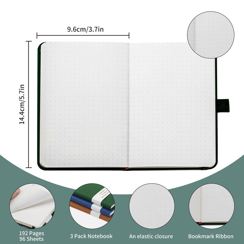 HOMEMARS Notebook A6, 3-Piece Notebook Set, Bullet Dotted Journal, 14.4