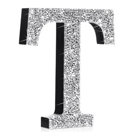 Qunclay Silver Crystal Diamond Bling Letters Crushed Diamond Decorations Glitter Letters with Screws and Hooks Rhinestone Gifts for Wedding Birthday Wall Bedroom Bathroom Decor(Letter T,5.7"l X 5.7"w)