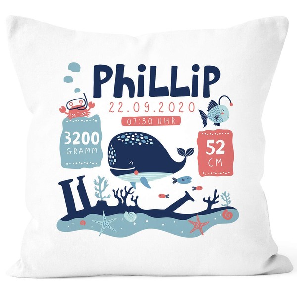 SpecialMe® Personalised Cushion Cover for Birth Underwater World Name Cushion Gift Birth Baby Whale White One Size