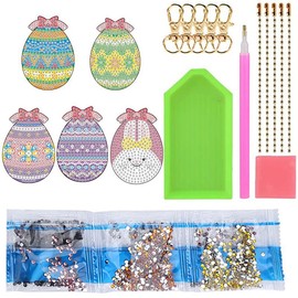 [LOYELEY] 5D Diamond Art Keychains, 5 Pcs Single Sided Egg Easter Pendant Diamond Bead Painting Mosaic Ornament Resin Key Chain Key Chain Bag Car Decoration Beginner Rhinestone Handmade DIY Crafts