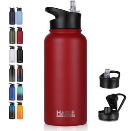 HASLE OUTFITTERS 32 oz Insulated Water Bottle Stainless Steel Double Walled Vacuum Sports Water Bottle with 2 Lids (Straw and Spout Lid) for Gym Camping Hiking(Red,1)
