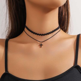Inilbran Boho Layered Cross Pendant Necklace Vintage Wave Lace Choker Necklace Black Cross Leather Necklace Adjustable Religious Cross Necklace Jewelry for Women