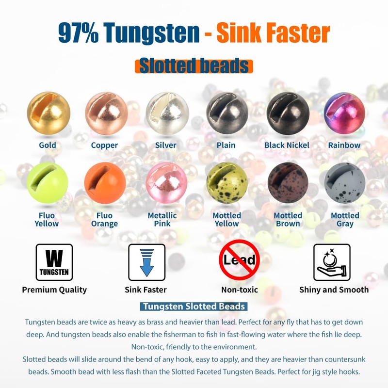 MUUNN 50pcs Tungsten Slotted Beads for Fly Tying,12 Colors/13 Sizes