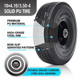 SIMEIQI 2Pack 10 x 4.10/3.50-4" Solid PU Run-Flat Tire Wheel with 5/8"Axle Bore Hole 2.24" Offset Hub Double-Sealed Ball Bearings for Wagons Wheelbarrows Hand Trucks