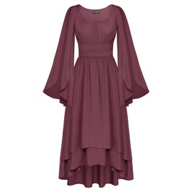 Women Renaissance Costume Split Bell Sleeve Double Layered High Low Dress Dusty Rose M