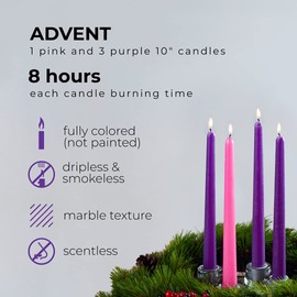 CANDWAX 10 inch Taper Advent Candles 1 Set- Dripless Taper Candles and Unscented Candlesticks - Long Burning Tapered Candles Perfect as Advent Wreath Candles Tapers - Purple Advent Candles