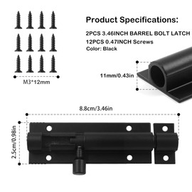 2 Pack 3" Black Barrel Slide Door Bolts with 12 Screws – Heavy-Duty Stainless Steel Gate Lock for Garden Gates, Sheds & Doors – Rustproof Outdoor Latch