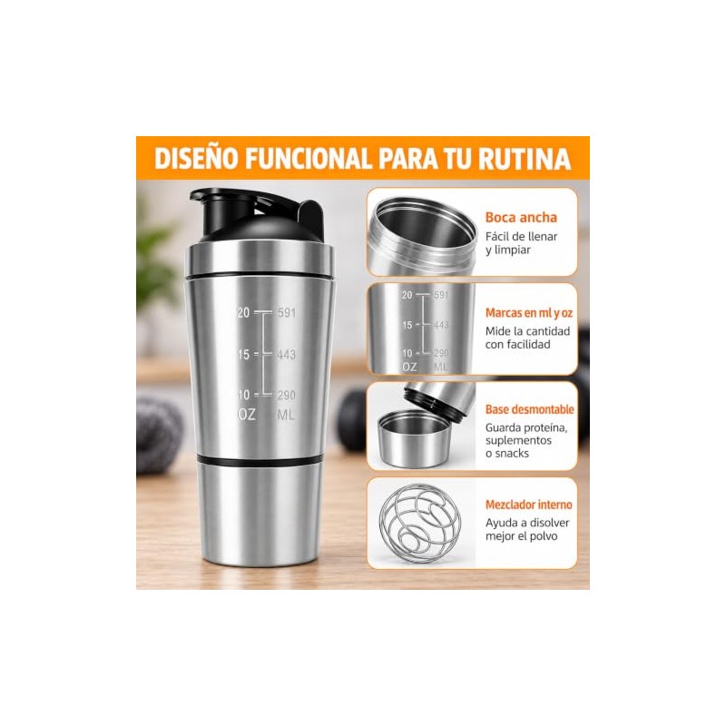 Janety Shaker Prote?na de Acero Inoxidable 600 Ml con Compartimento