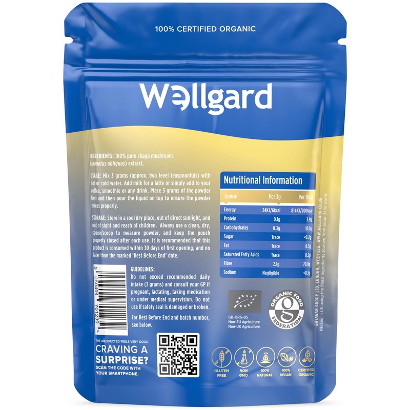 Wellgard Organic Chaga Mushroom Powder 90 Grams - Mushroom Supplement,