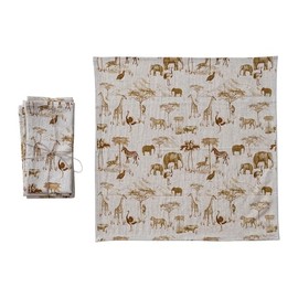 Creative Co-Op 4-Piece Cotton and Linen Printed Dinner Napkins with Safari Animals Pattern, Natural and Brown