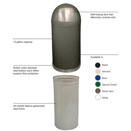Witt Industries 15DTSVN Steel 15-Gallon Standard Dome Top Indoor Waste Receptacle with Galvanized Liner and Push Door, Round, 15" Diameter x 35" Height, Silver